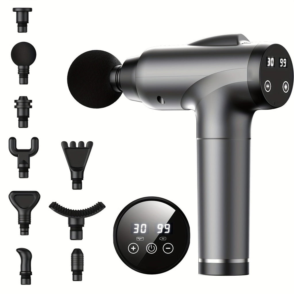 Handheld deep tissue massage gun in black with nine interchangeable attachment heads for muscle recovery — view 2