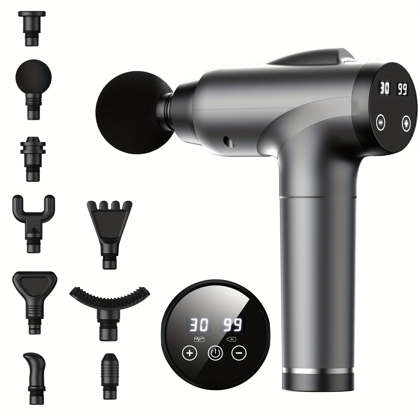 Handheld deep tissue massage gun in black with nine interchangeable attachment heads for muscle recovery — view 2