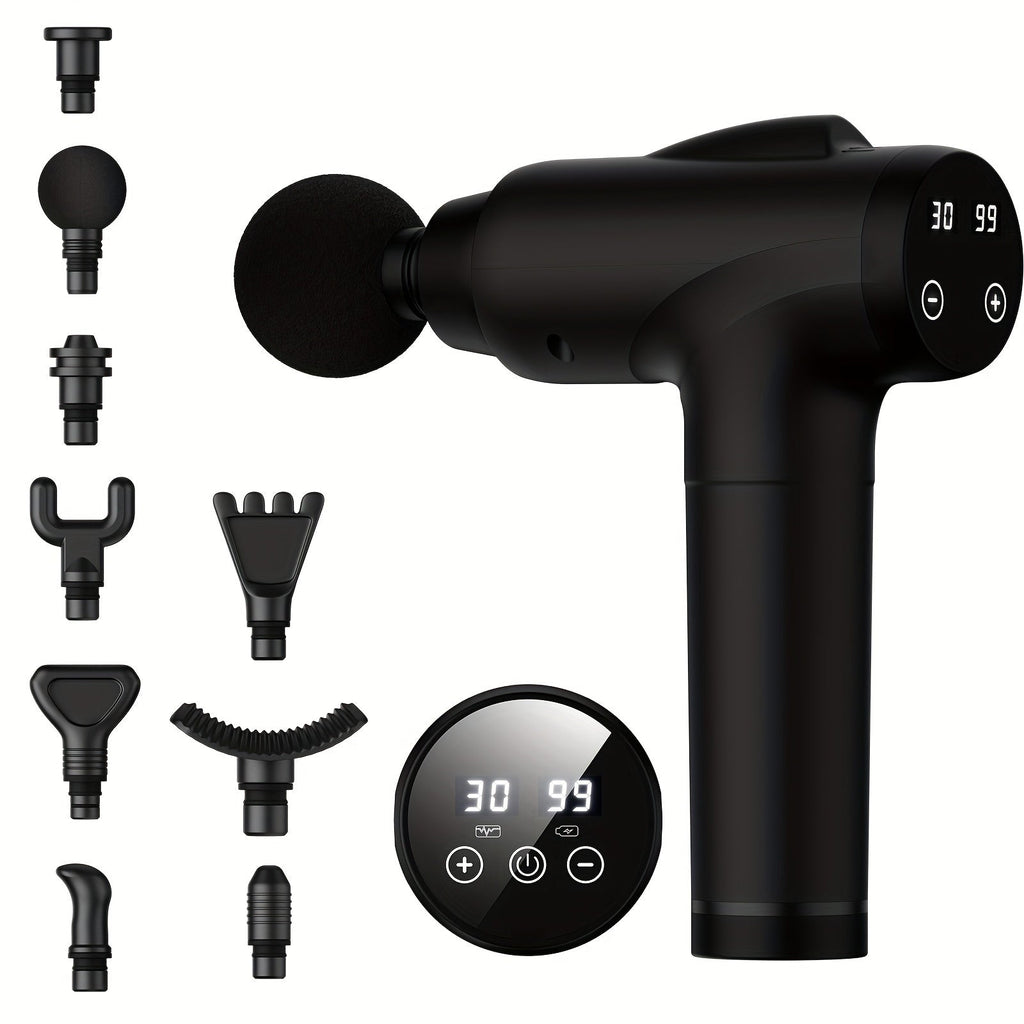 Handheld deep tissue massage gun in black with nine interchangeable attachment heads for muscle recovery — view 3