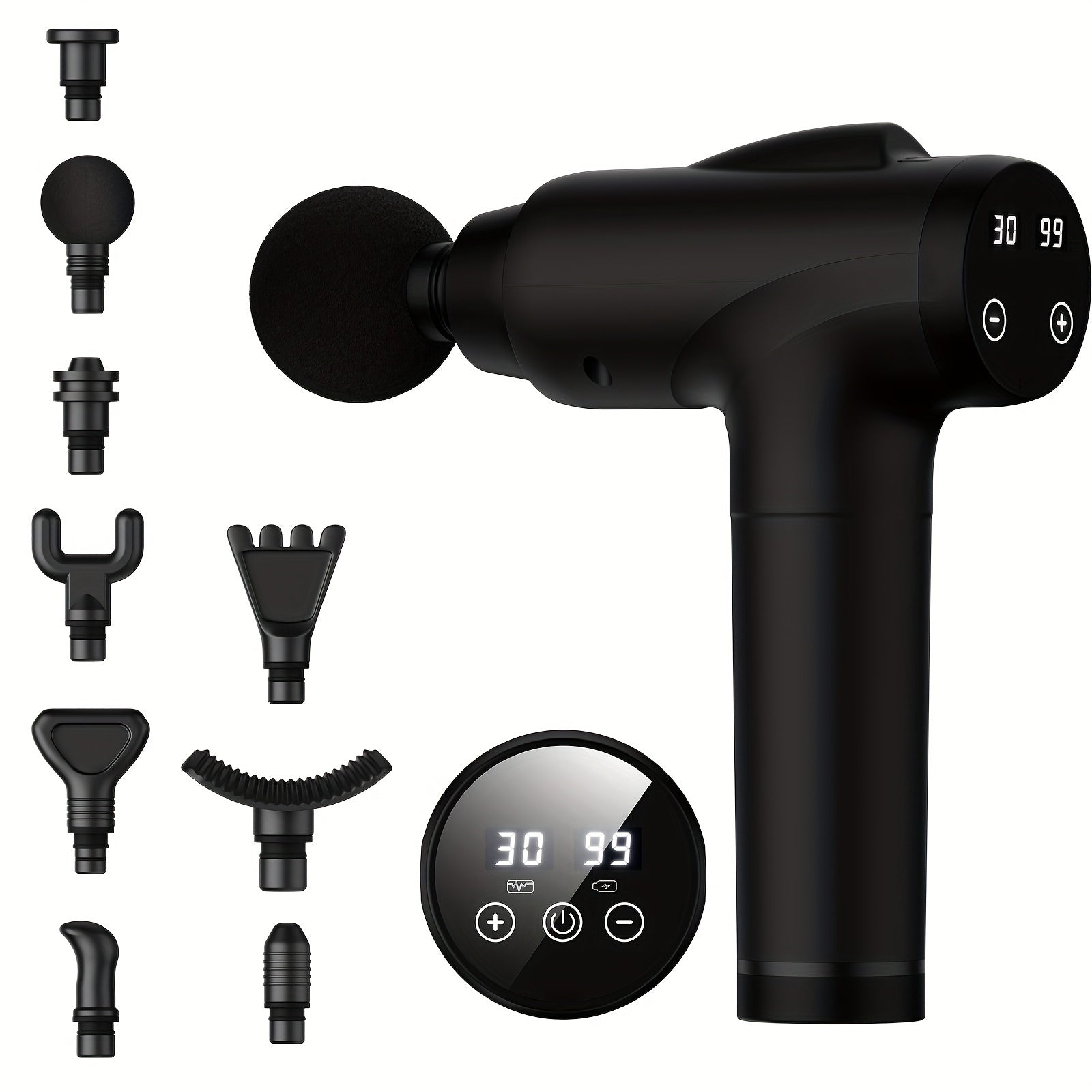 Handheld deep tissue massage gun in black with nine interchangeable attachment heads for muscle recovery — view 3