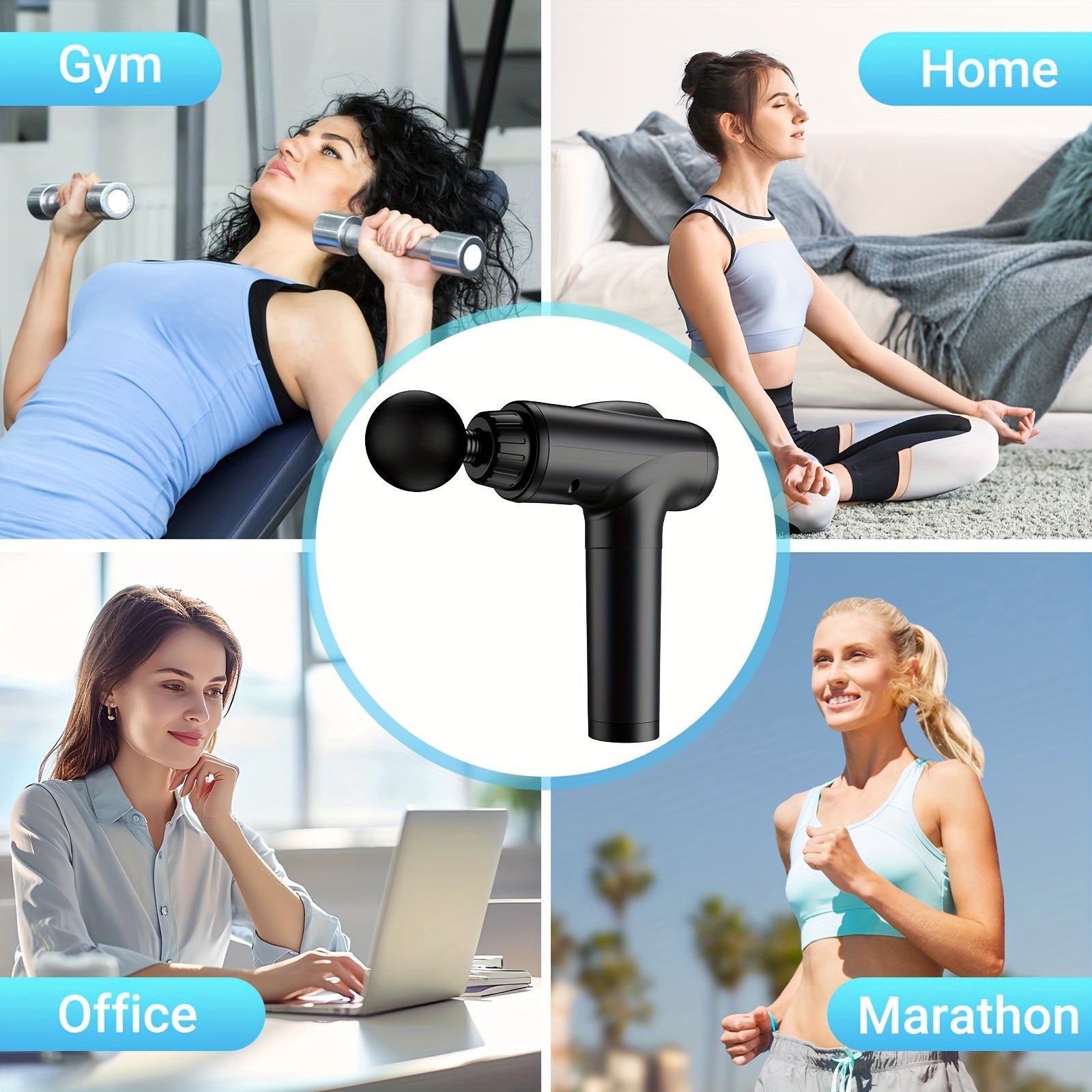 Handheld deep tissue massage gun in black with nine interchangeable attachment heads for muscle recovery — view 4