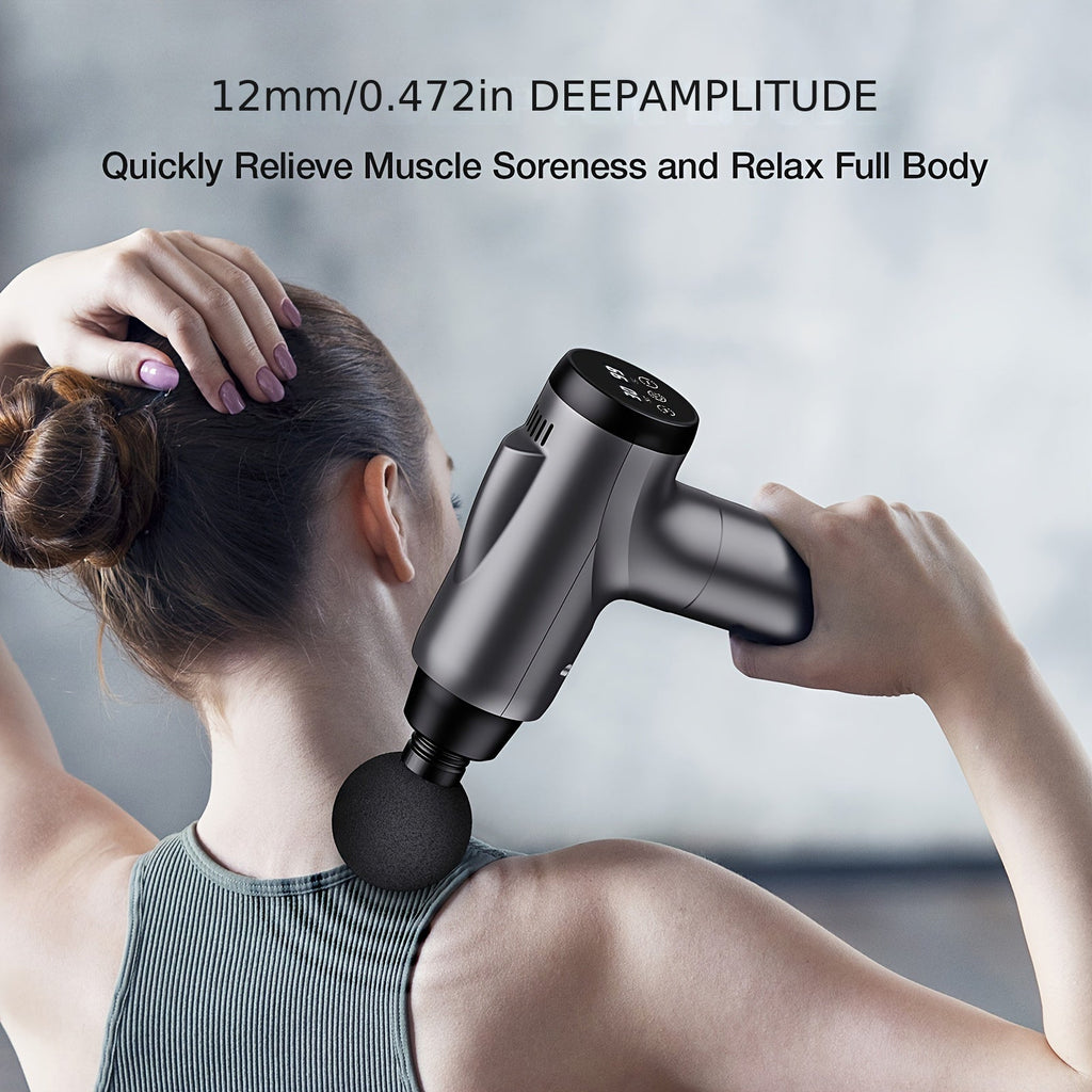 Handheld deep tissue massage gun in black with nine interchangeable attachment heads for muscle recovery — view 5