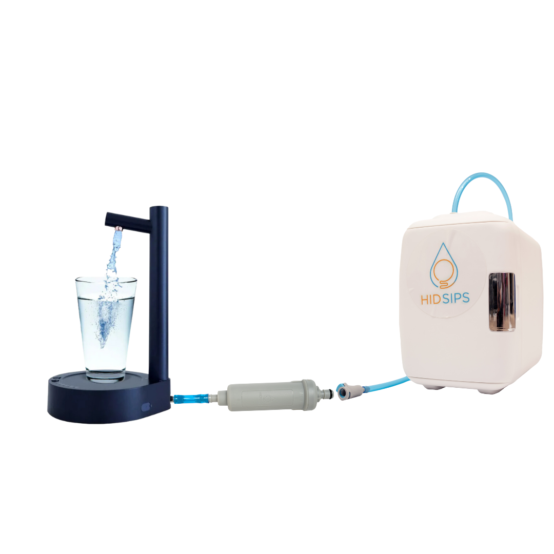 Compact matte desktop water dispenser and mini fridge combo with filtration system and tubing