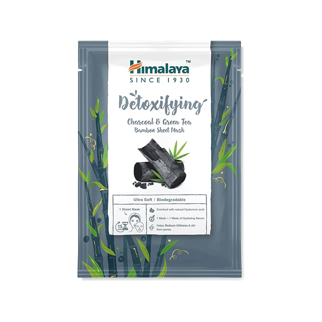 Himalaya detoxifying charcoal and green tea bamboo face sheet mask in sleek branded pouch packaging