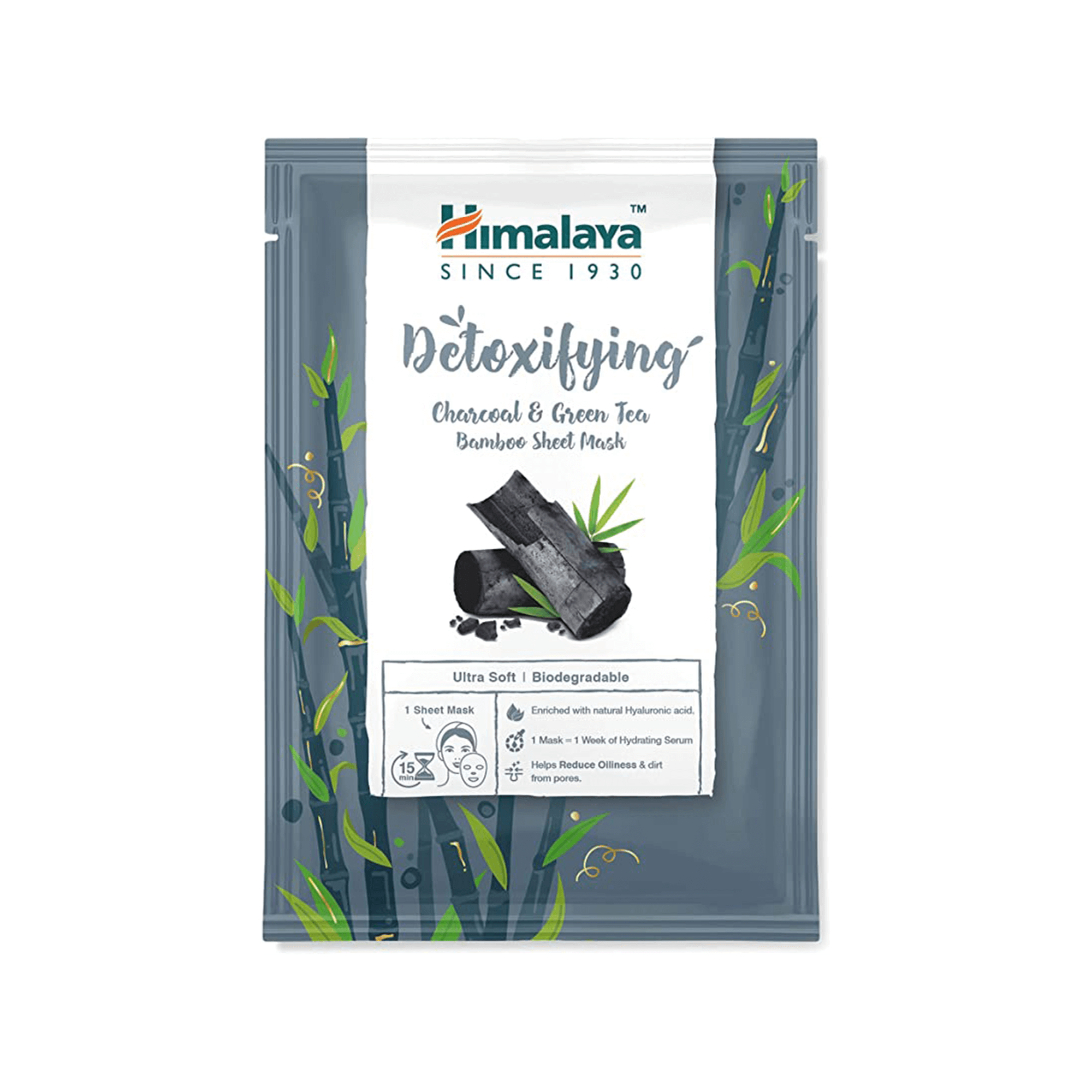 Himalaya detoxifying charcoal and green tea bamboo face sheet mask in sleek branded pouch packaging