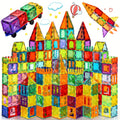 120-piece diamond magnetic building tiles set with two cars and colorful geometric shapes
