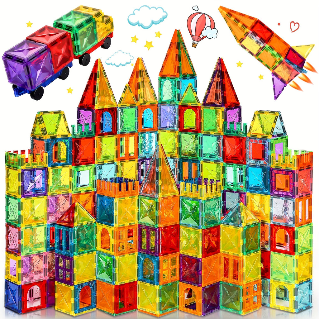 120-piece diamond magnetic building tiles set with two cars and colorful geometric shapes — view 2