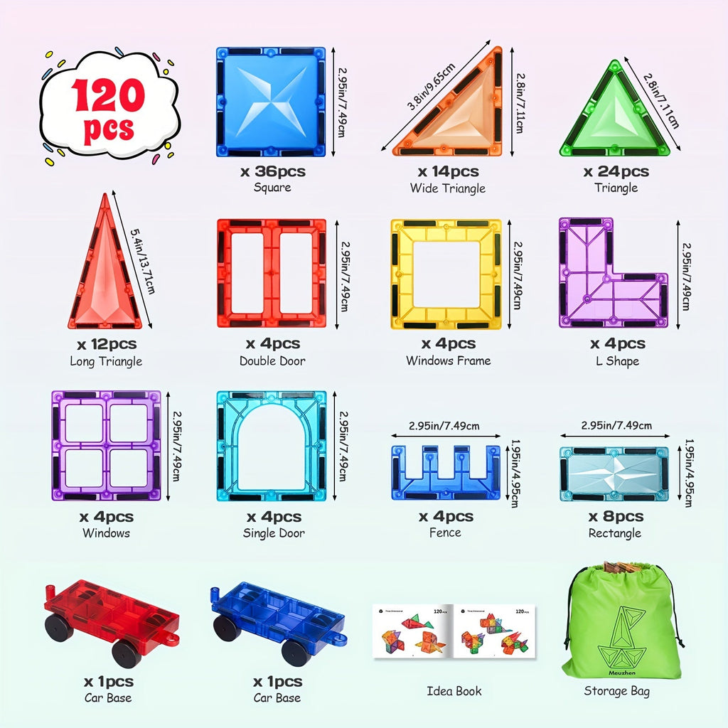 120-piece diamond magnetic building tiles set with two cars and colorful geometric shapes — view 3