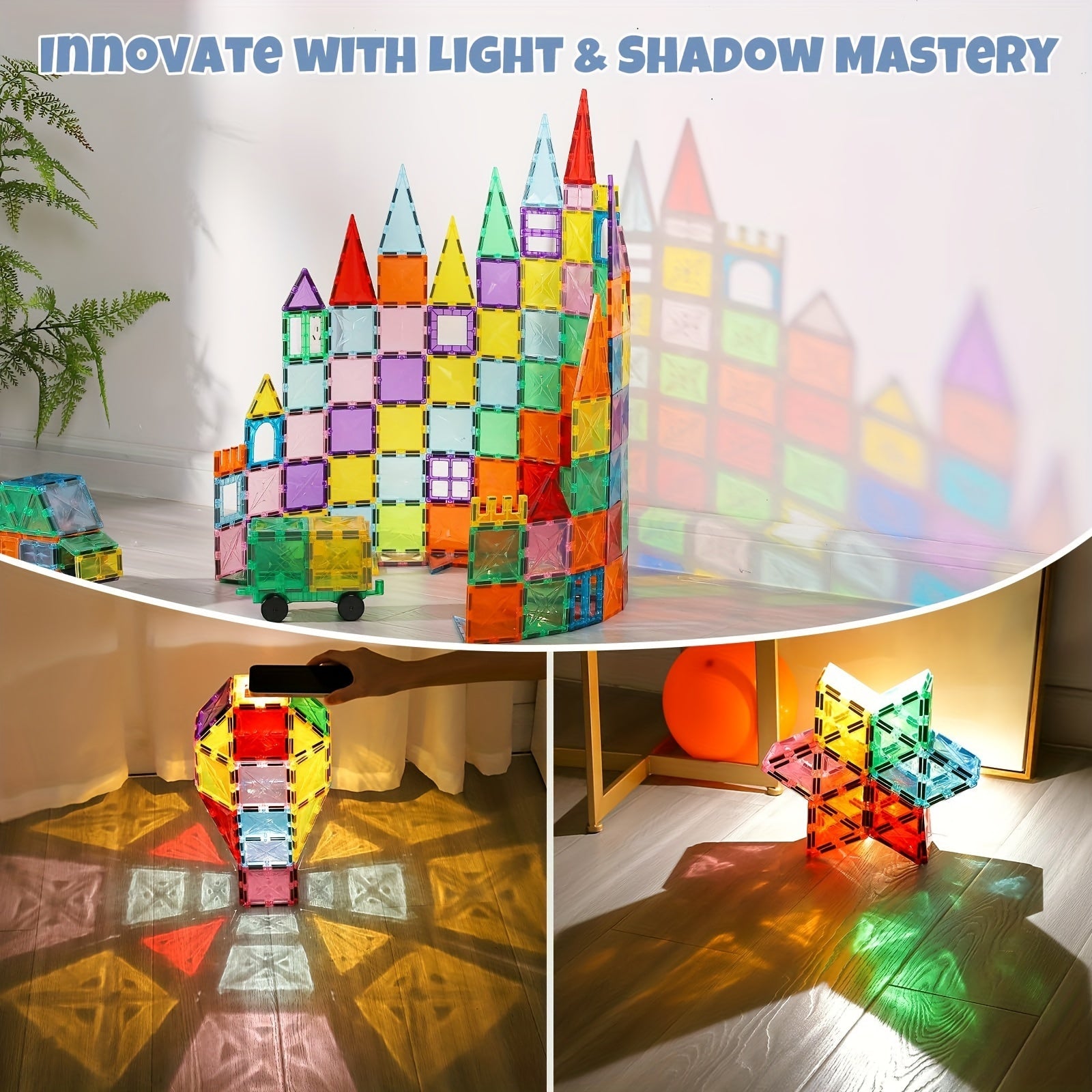 120-piece diamond magnetic building tiles set with two cars and colorful geometric shapes — view 5