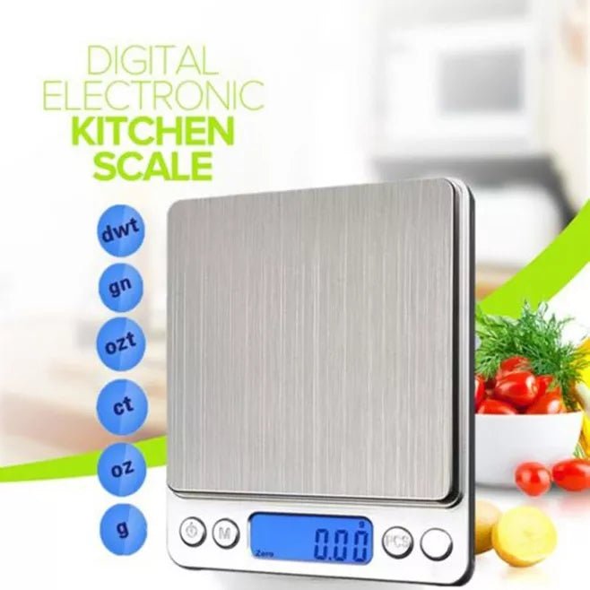 Digital kitchen scale with sleek stainless steel platform, LCD screen, and clear plastic measuring trays — view 5