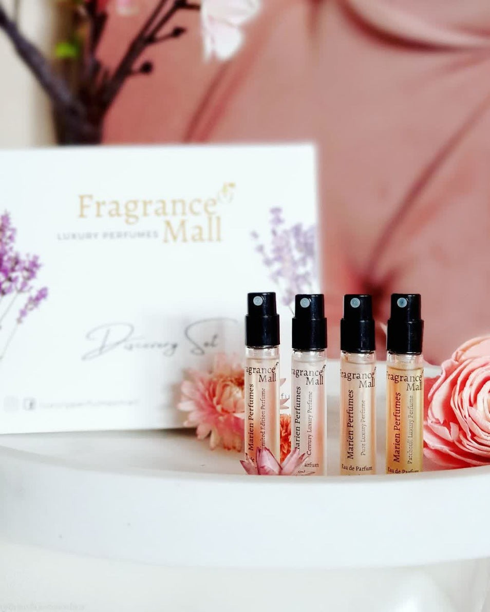 Luxury perfume discovery set in premium travel box, four small glass fragrance vials for women