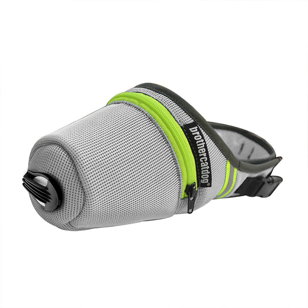 Grey and green breathable mesh dog muzzle with adjustable straps and reflective zipper design — view 2
