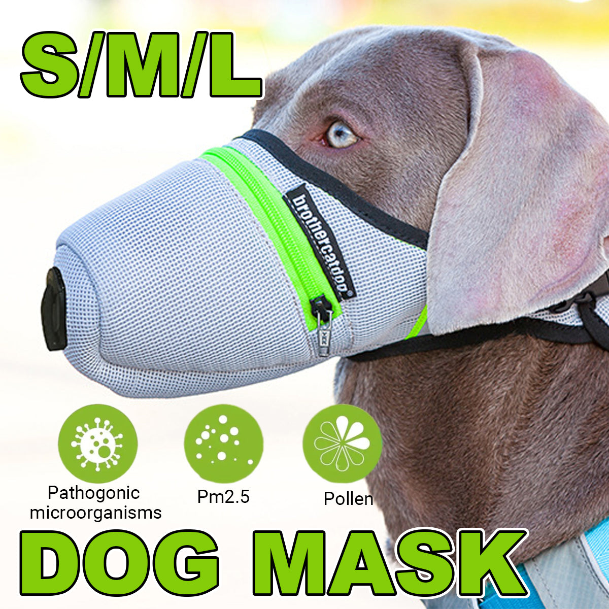 Grey and green breathable mesh dog muzzle with adjustable straps and reflective zipper design