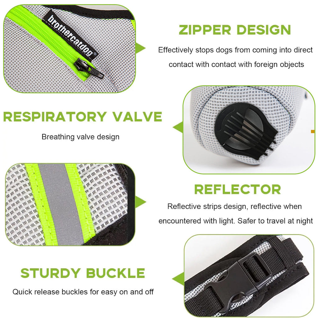 Grey and green breathable mesh dog muzzle with adjustable straps and reflective zipper design — view 4