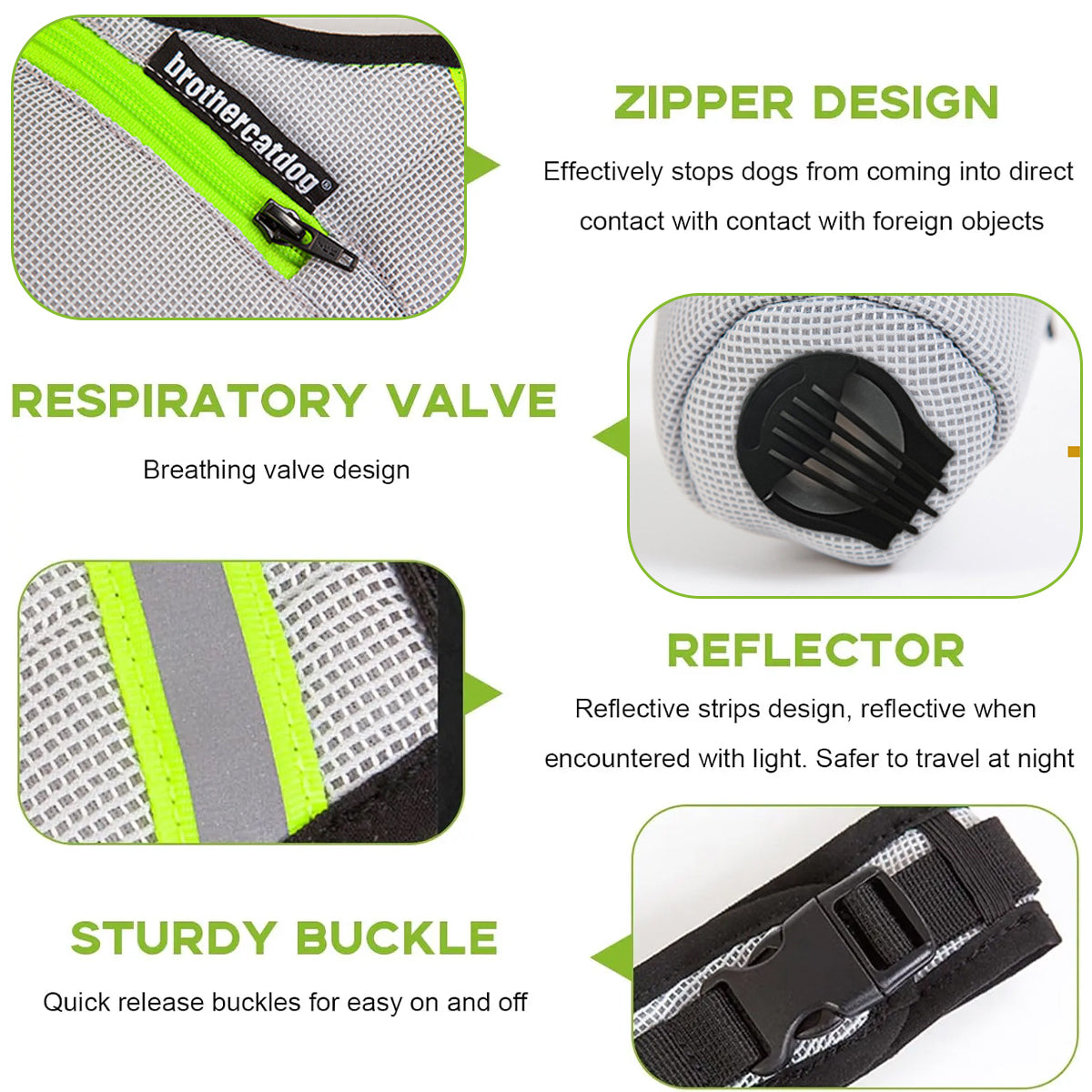 Grey and green breathable mesh dog muzzle with adjustable straps and reflective zipper design — view 4