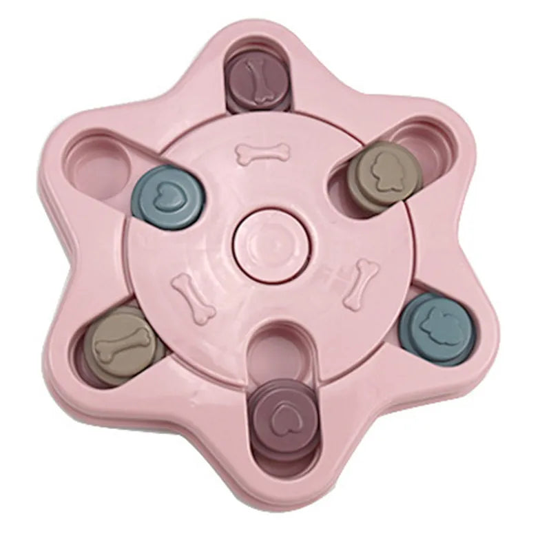 Interactive plastic pet food dispenser puzzle toy in bright blue, pink, and green shapes