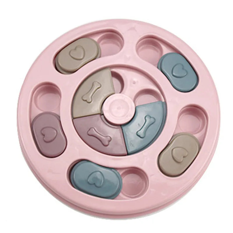 Interactive plastic pet food dispenser puzzle toy in bright blue, pink, and green shapes — view 2