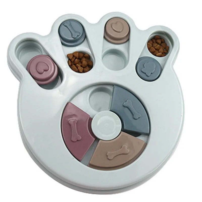 Interactive plastic pet food dispenser puzzle toy in bright blue, pink, and green shapes — view 3