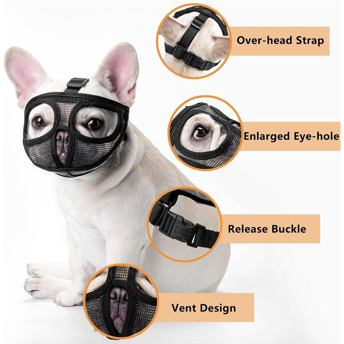 Black breathable short snout dog muzzle with adjustable straps for flat faced breeds like pugs — view 5