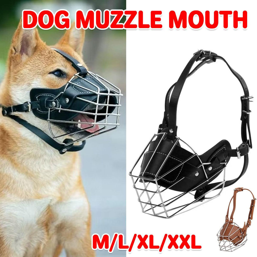 Black adjustable wire basket dog muzzle made of stainless steel with PU leather lining.
