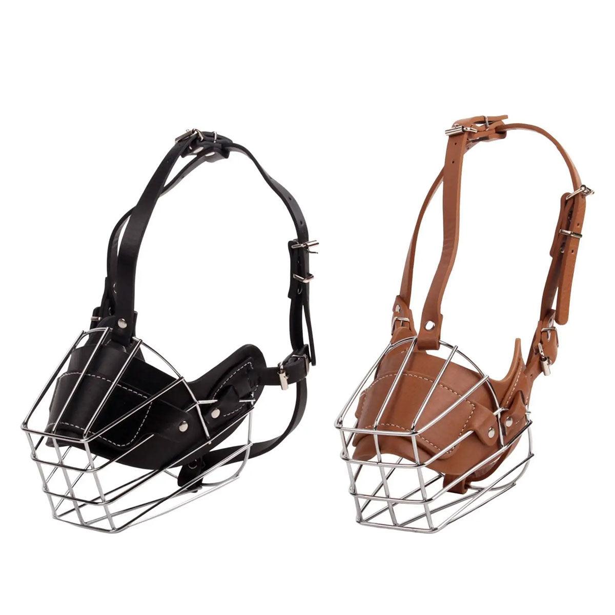 Black adjustable wire basket dog muzzle made of stainless steel with PU leather lining. — view 2