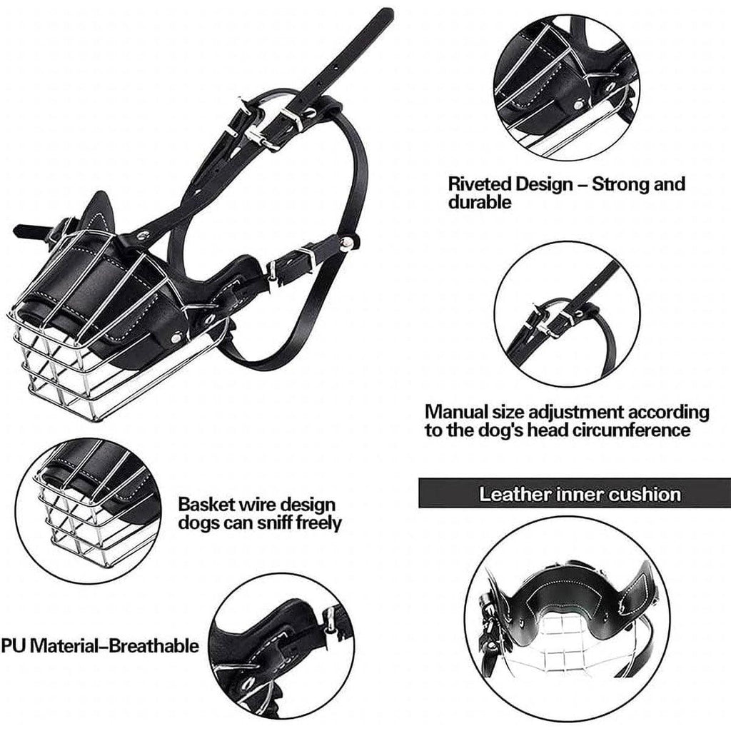 Black adjustable wire basket dog muzzle made of stainless steel with PU leather lining. — view 4