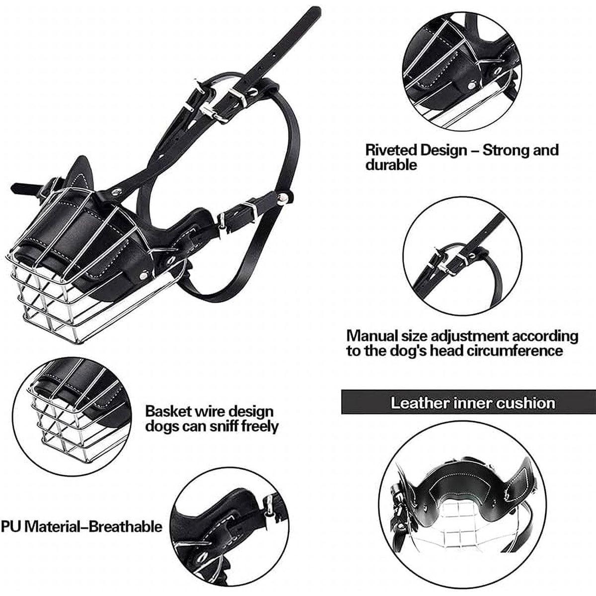 Black adjustable wire basket dog muzzle made of stainless steel with PU leather lining. — view 4