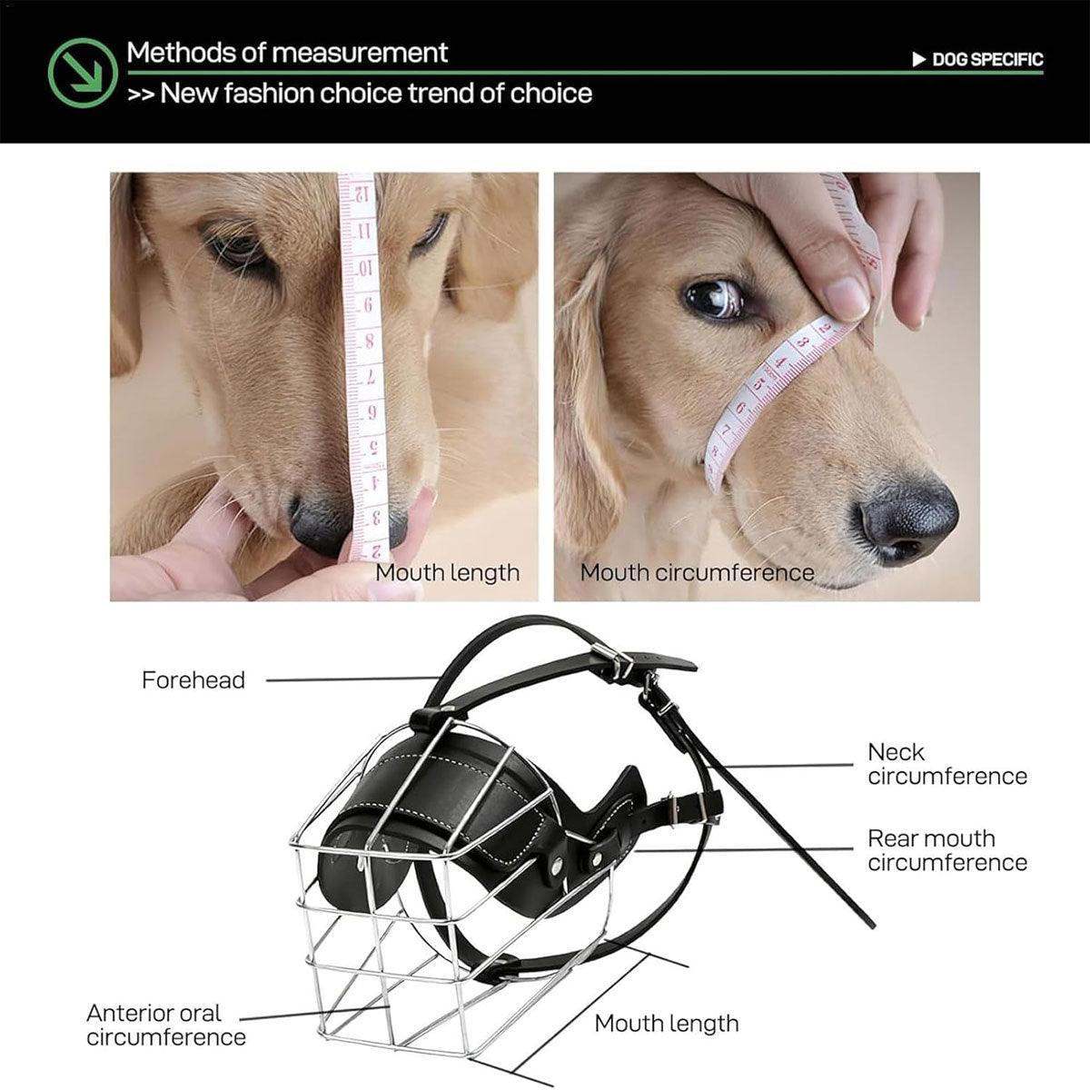 Black adjustable wire basket dog muzzle made of stainless steel with PU leather lining. — view 5
