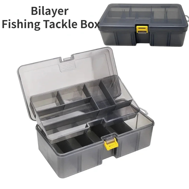 Transparent gray double layer fishing tackle box with custom compartments for lures and hooks — view 2