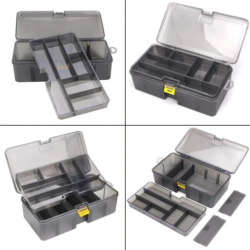Transparent gray double layer fishing tackle box with custom compartments for lures and hooks — view 5