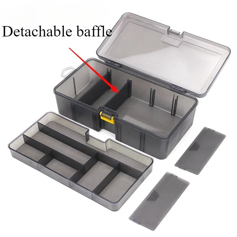 Transparent gray double layer fishing tackle box with custom compartments for lures and hooks — view 3