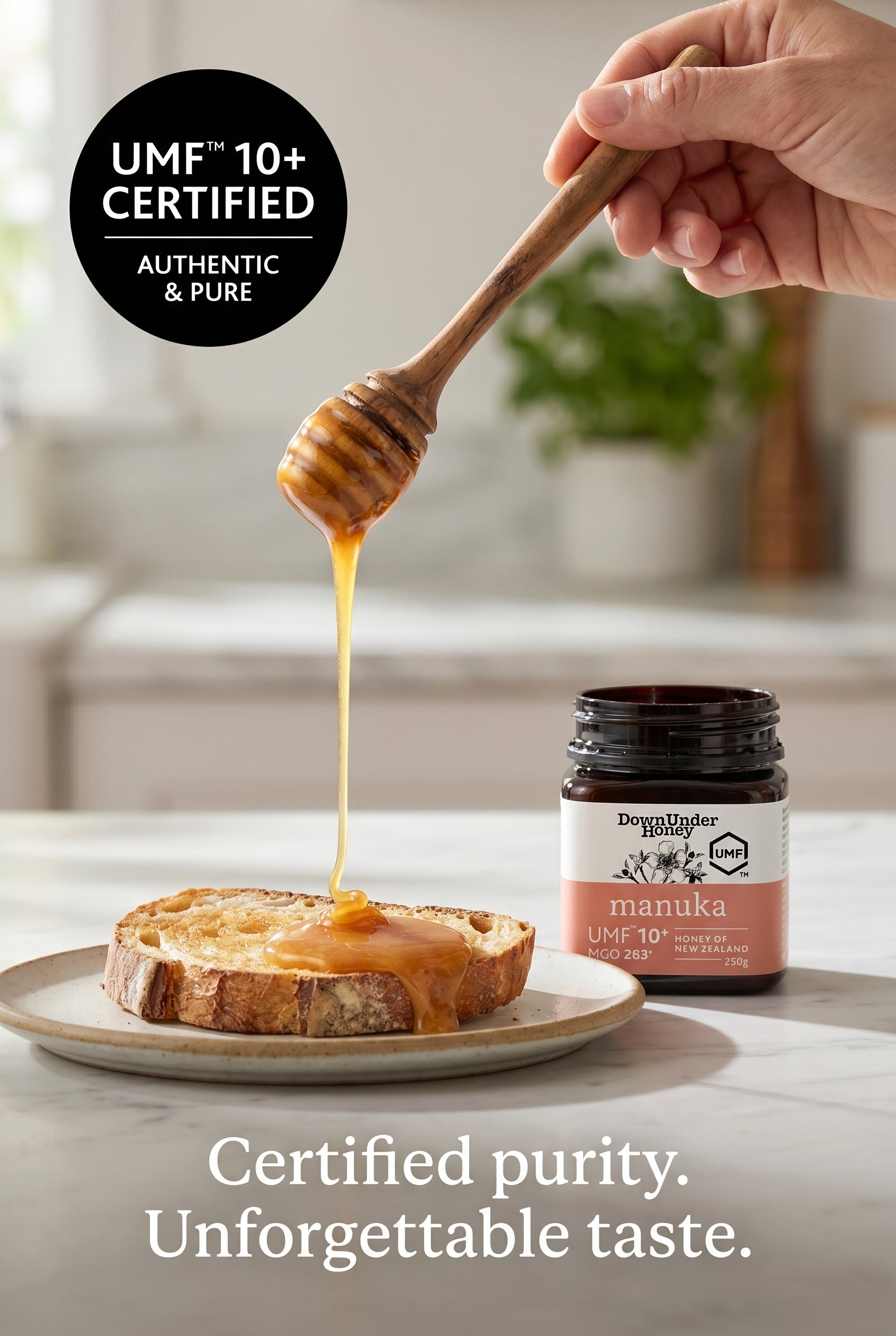 UMF 10+ Manuka honey 8.8oz jar, premium New Zealand honey with an elegant label — view 2