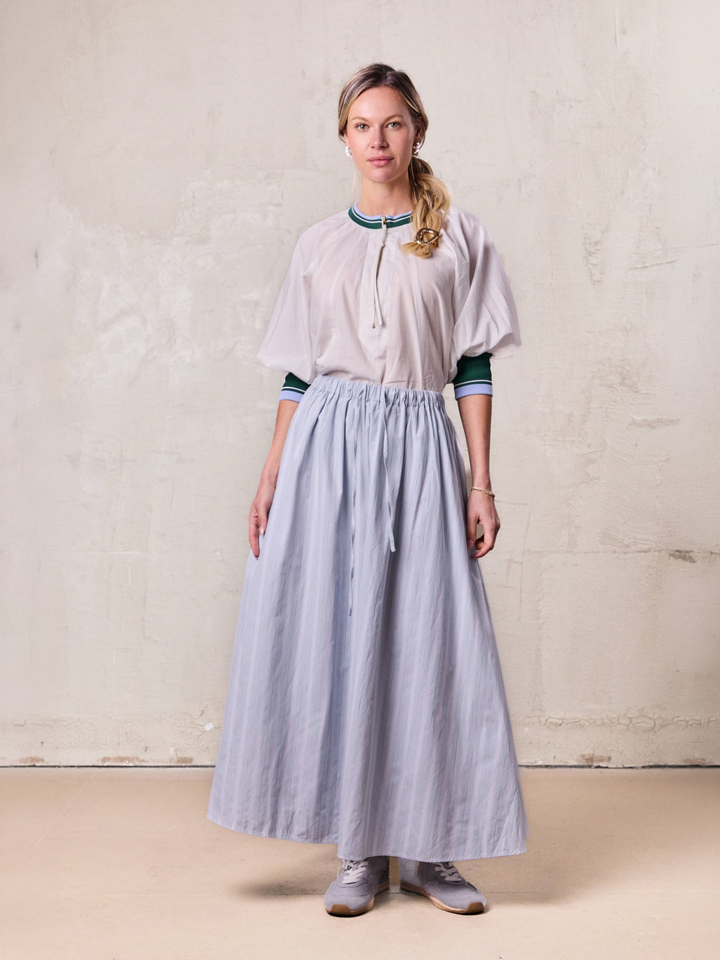 Drawstring Cotton Blend Skirt-Light Blue-0