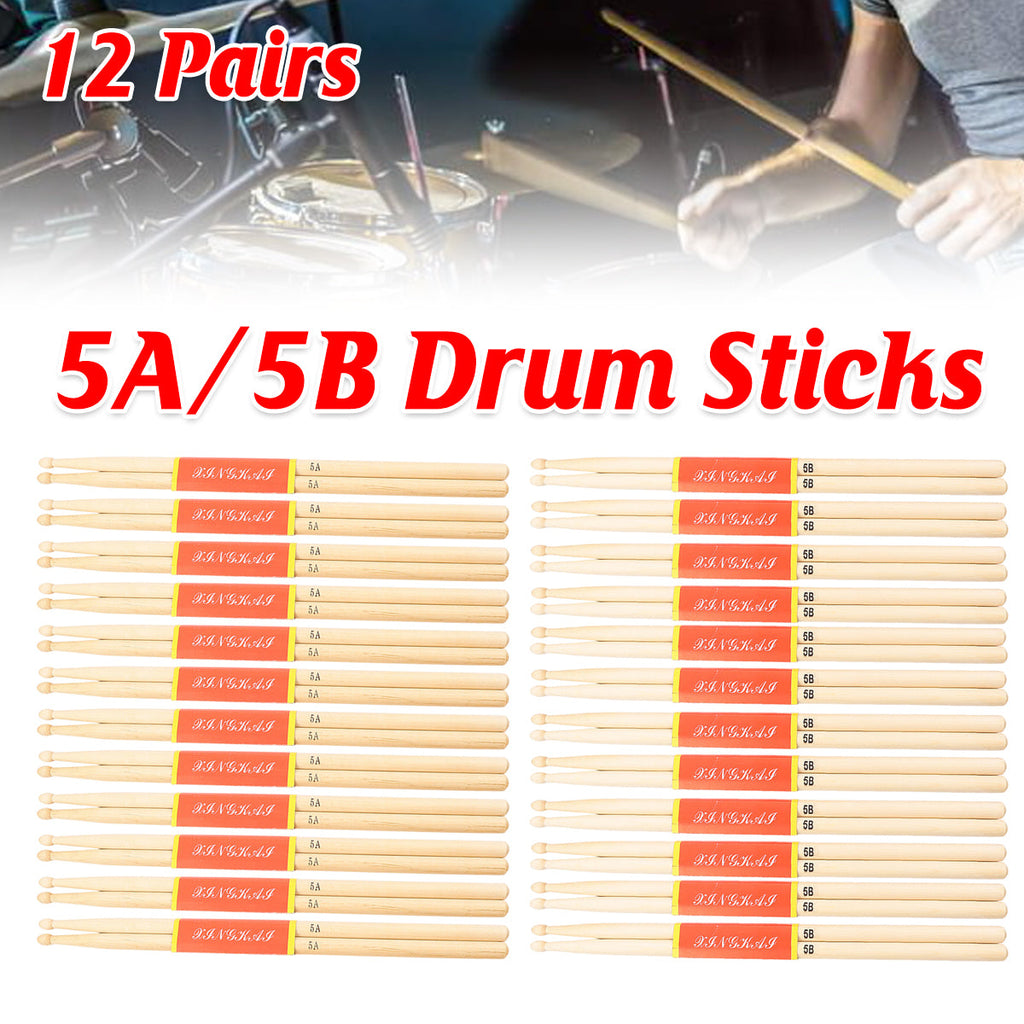12 pairs of natural maple wood drumsticks with orange accents for acoustic drum sets