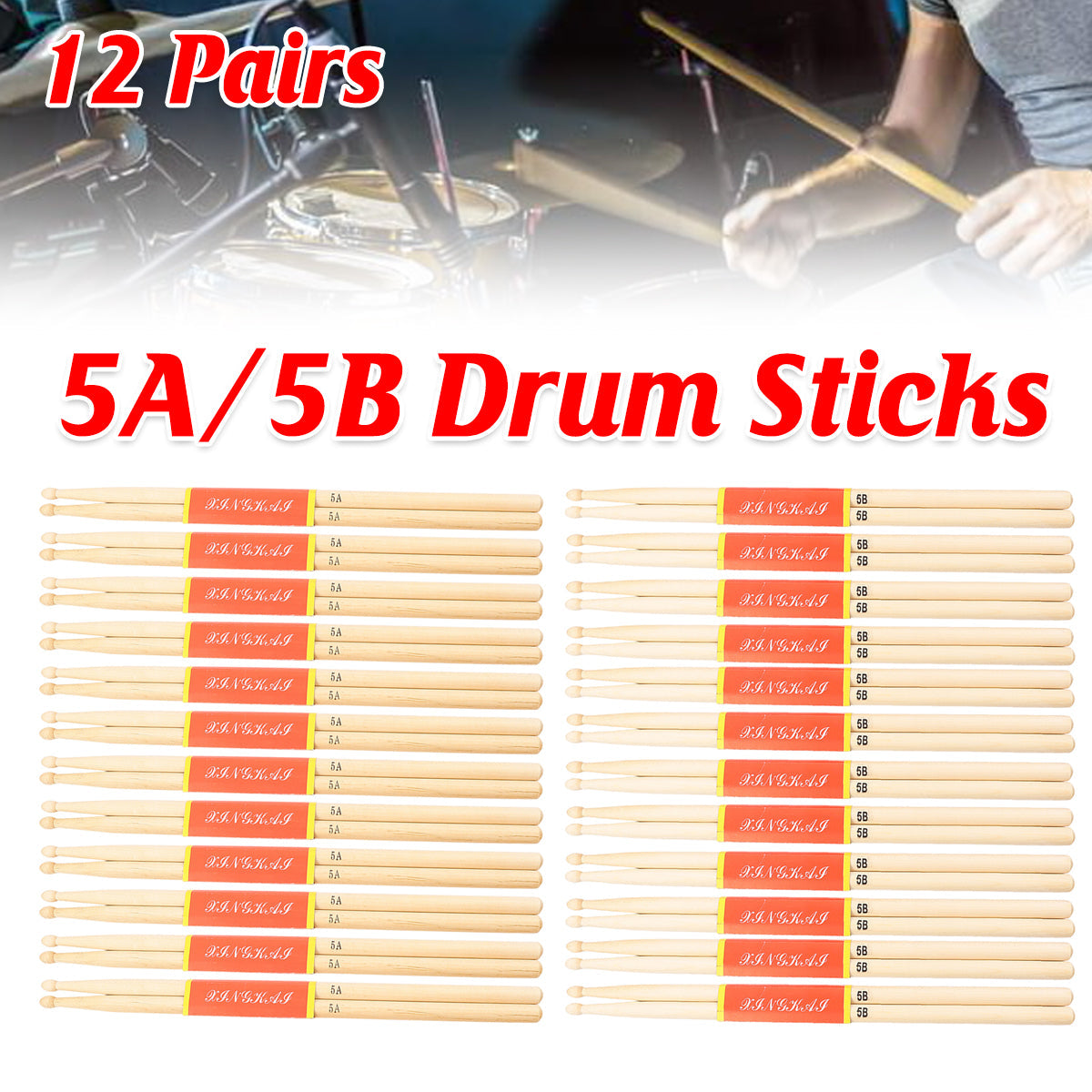 12 pairs of natural maple wood drumsticks with orange accents for acoustic drum sets