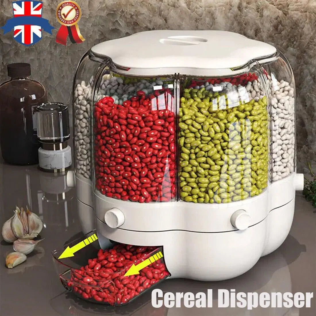 White rotating dry food storage container with six transparent grids and a removable top lid