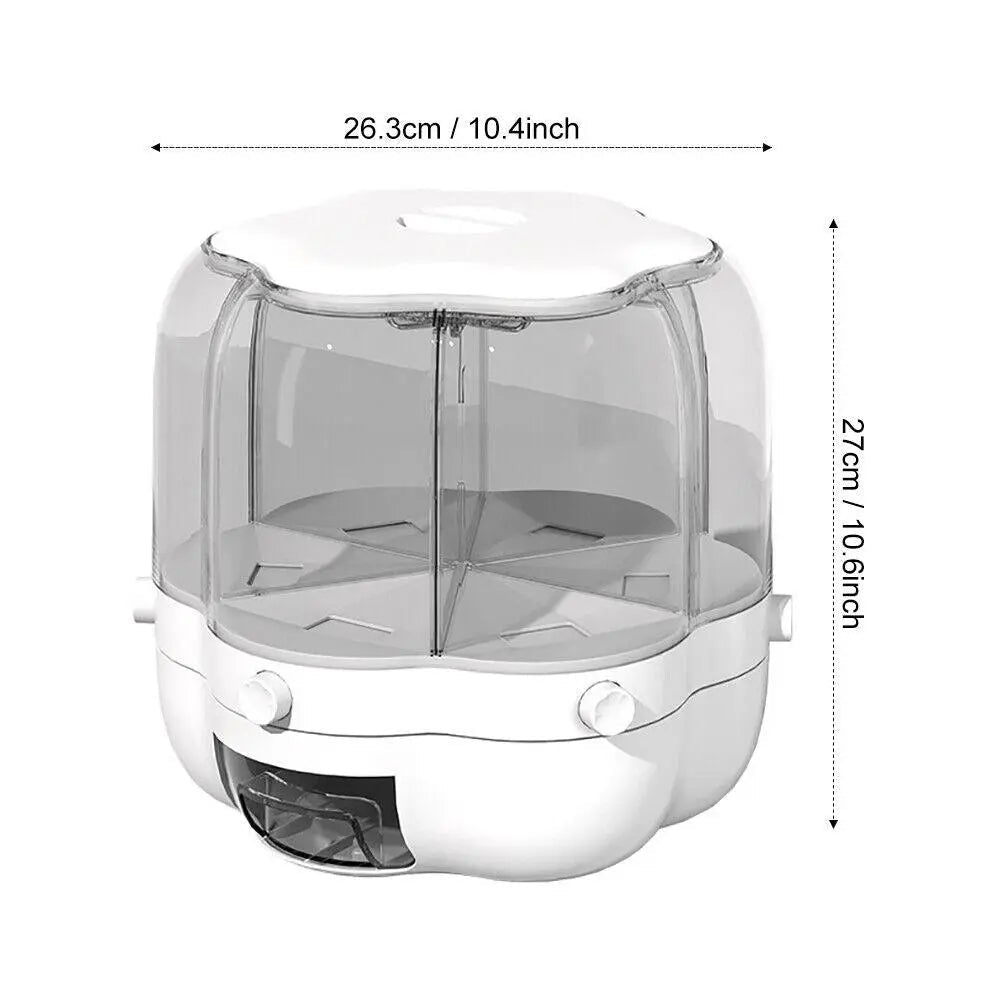 White rotating dry food storage container with six transparent grids and a removable top lid — view 2