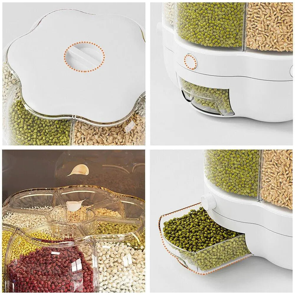 White rotating dry food storage container with six transparent grids and a removable top lid — view 3