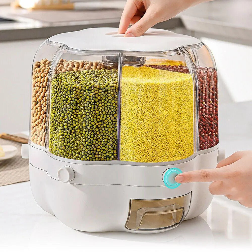 White rotating dry food storage container with six transparent grids and a removable top lid — view 4
