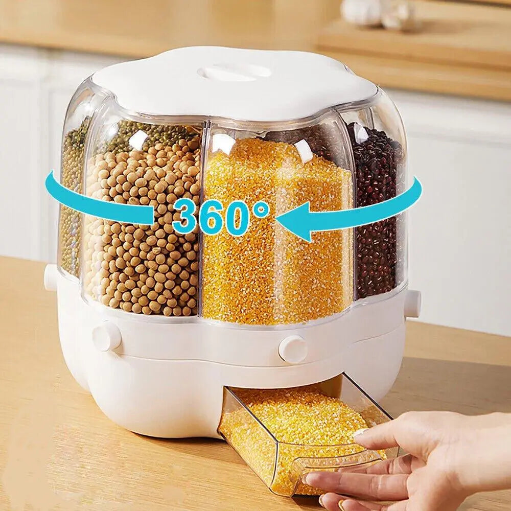 White rotating dry food storage container with six transparent grids and a removable top lid — view 5