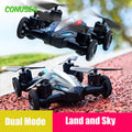 Compact dual-mode JJRC mini drone made of plastic and metal in flight mode with remote control