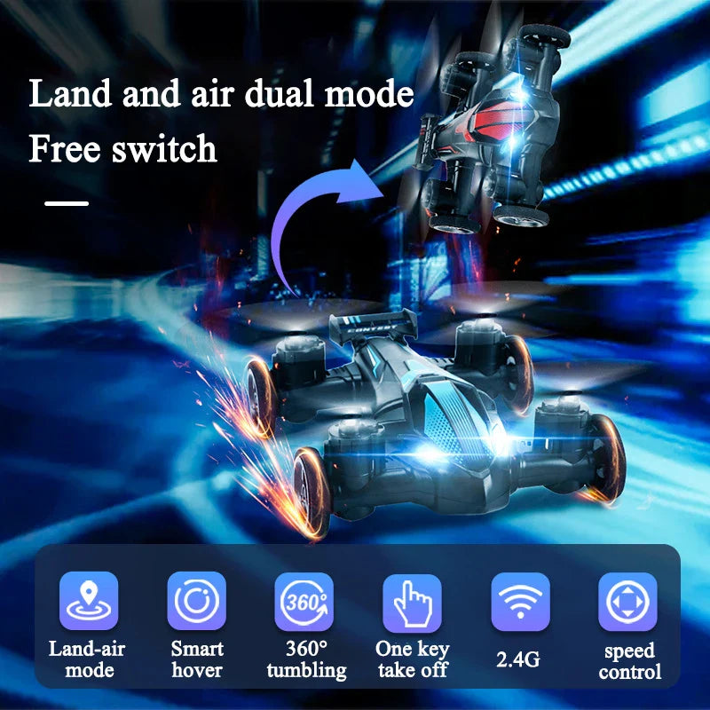 Compact dual-mode JJRC mini drone made of plastic and metal in flight mode with remote control — view 2