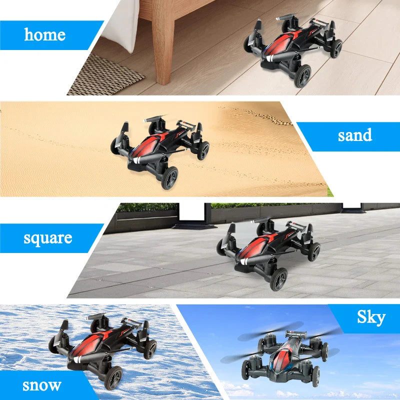 Compact dual-mode JJRC mini drone made of plastic and metal in flight mode with remote control — view 3