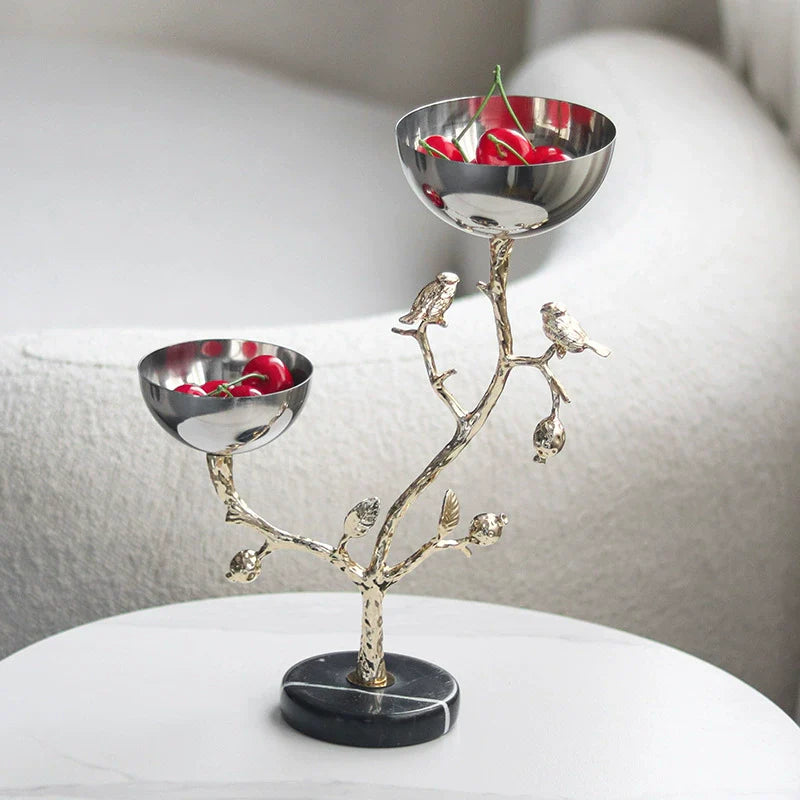 Luxury decorative bowl stand with golden tree bird branches and dual stainless steel serving bowls — view 2