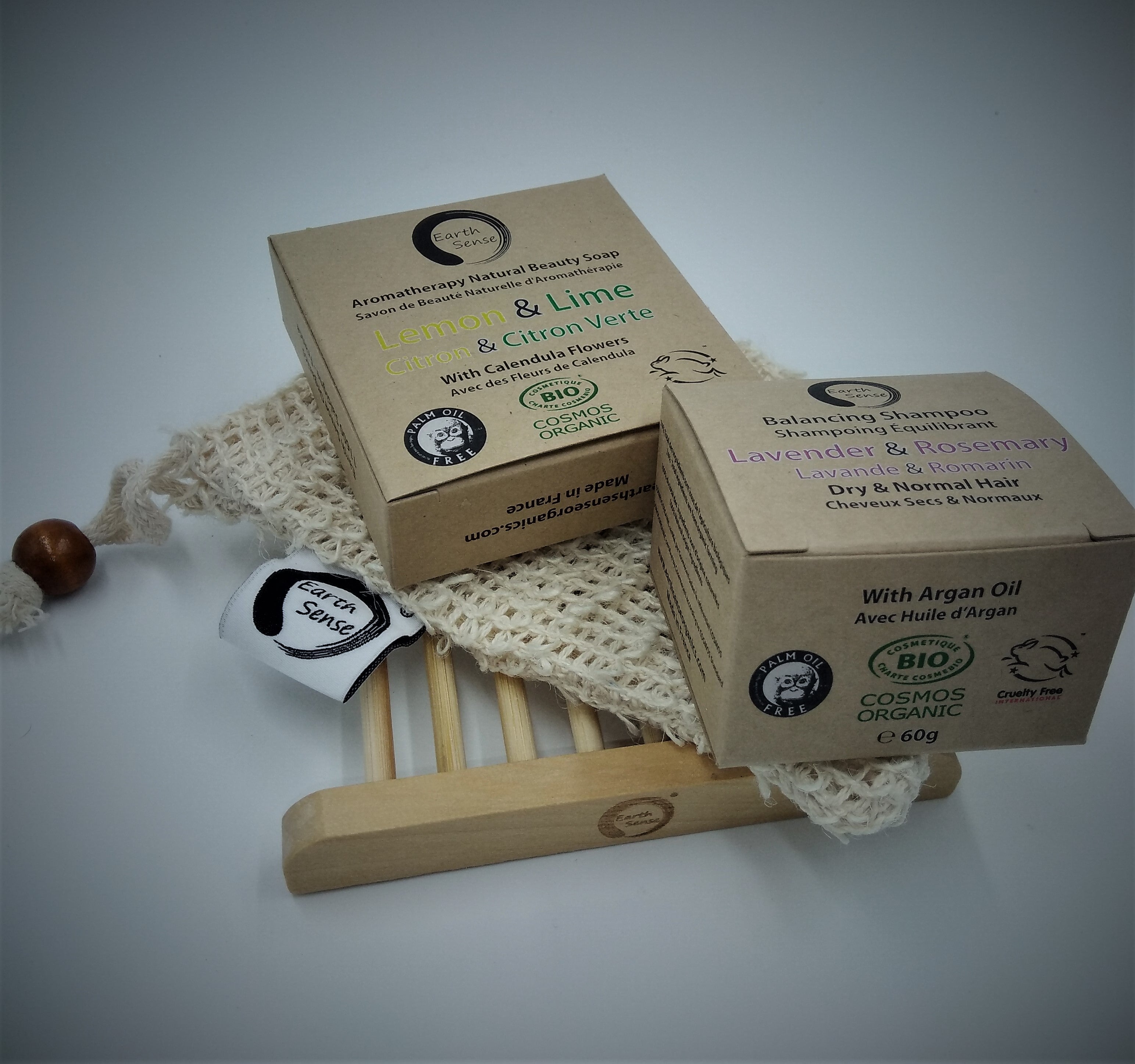 Organic solid shampoo and soap gift set with bamboo soap dish and natural sisal pouch — view 2