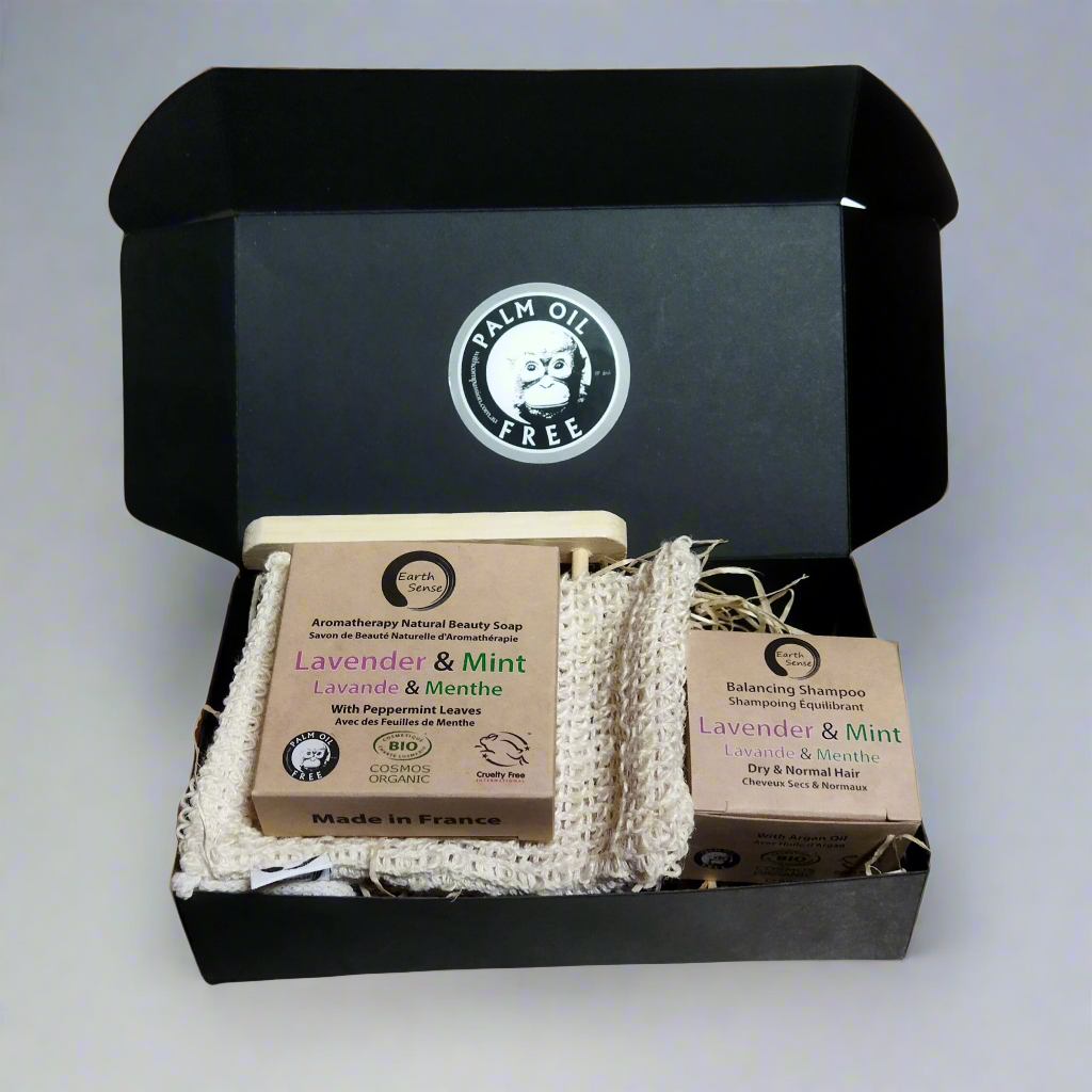 Organic solid shampoo and soap gift set with bamboo soap dish and natural sisal pouch