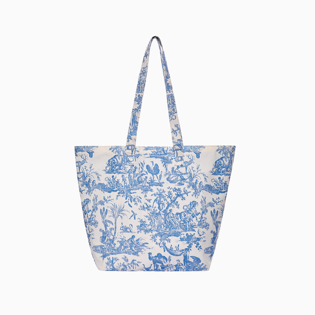 French Toile de Jouy premium cotton tote bag with pastoral motif and front pocket — view 3