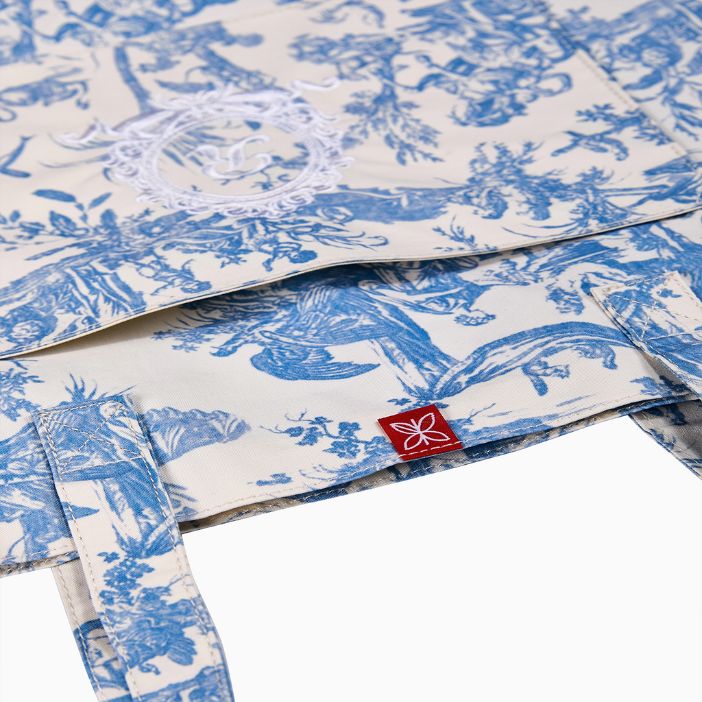 French Toile de Jouy premium cotton tote bag with pastoral motif and front pocket — view 5