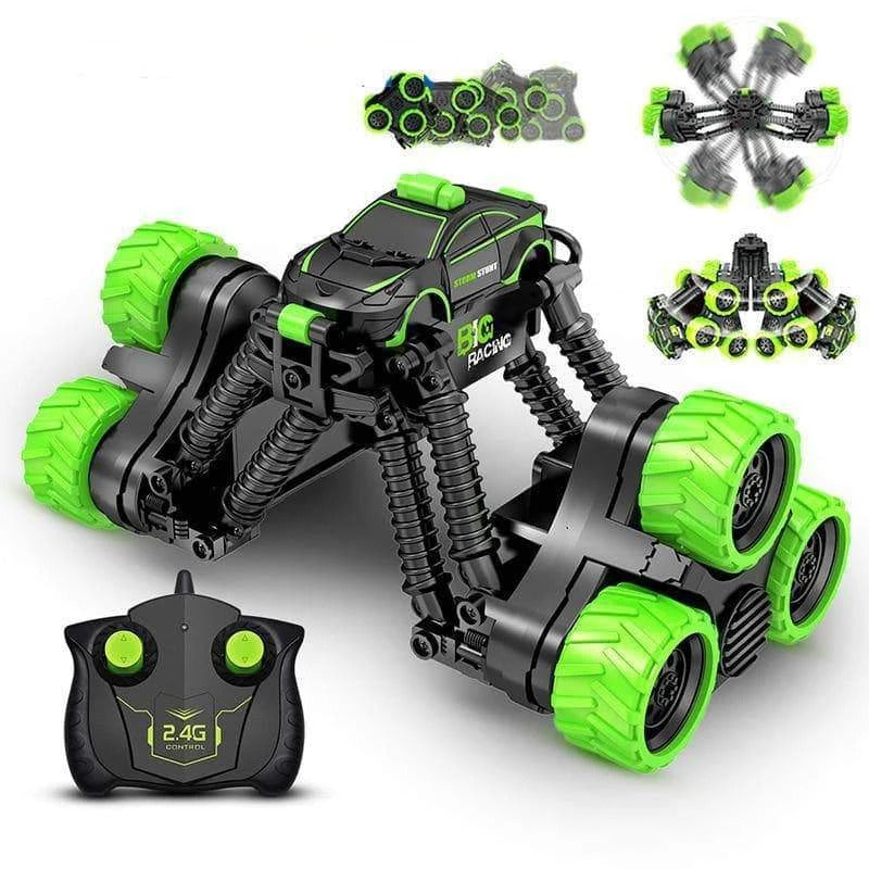Dynamic 360 degree rolling remote control stunt car with glowing LED lights in vibrant packaging