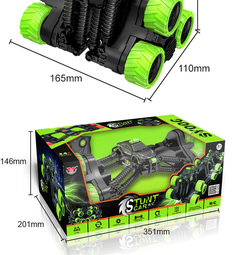 Dynamic 360 degree rolling remote control stunt car with glowing LED lights in vibrant packaging — view 2